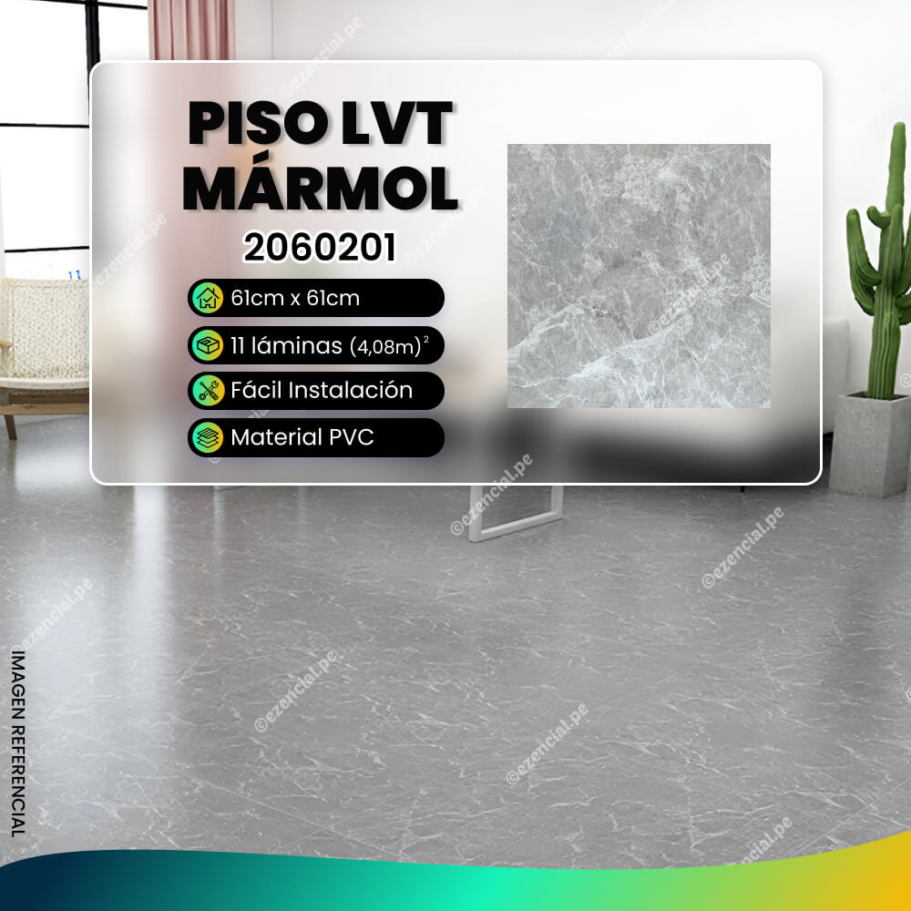 Piso LVT Premium Autoadhesivo tipo Mármol #2060201 61cmx61cmx2mm - 1 Caja (11 láminas)