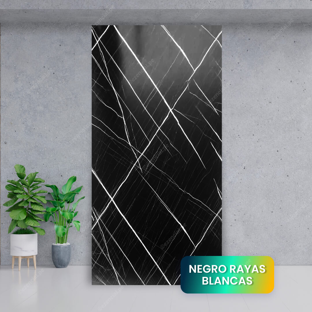 Panel SPC Tipo Mármol Negro con Rayas Blancas
