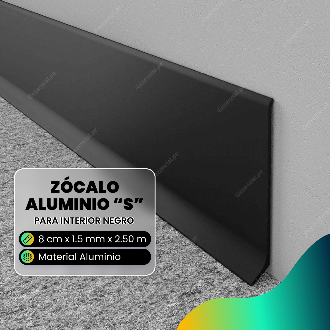 Zócalo Tipo S de Aluminio Negro 2.50m x 8cm x 1.5mm