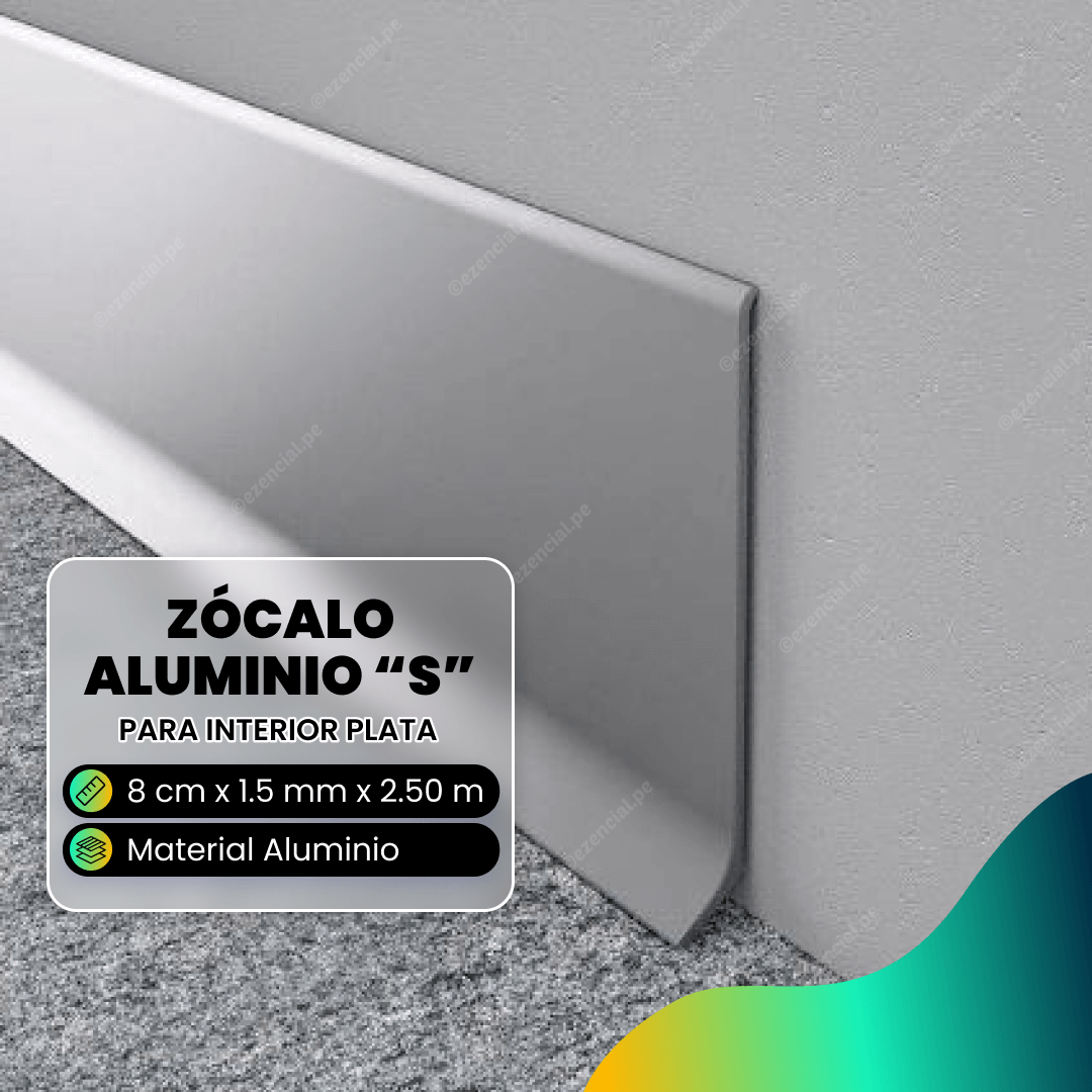 Zócalo Tipo S de Aluminio Plata 2.50m x 8cm x 1.5mm